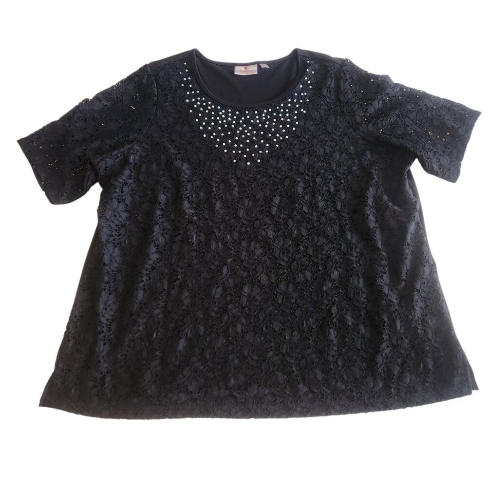 Quacker‎ Factory Shirt Lace Rhinestones Black Short Sleeve Womens 3X EUC